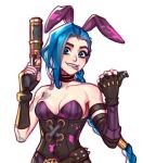  1girl alternate_costume animal_ears asymmetrical_bangs bangs bare_shoulders blue_hair blushy-pixy braid breasts collarbone commentary explosive fake_animal_ears fingerless_gloves gloves grenade gun holding holding_grenade holding_gun holding_weapon jinx_(league_of_legends) league_of_legends leotard long_hair looking_at_viewer medium_breasts mouth_hold playboy_bunny rabbit_ears solo twin_braids weapon 