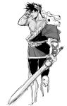  1boy belt greek_clothes hades_(game) hand_on_own_head highres ing0123 laurel_crown male_focus monochrome single_bare_shoulder sketch skull smile sword weapon zagreus_(hades) 