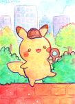 :3 :d animal animal_focus artist_name bisquii building bush chibi cityscape colorful detective detective_pikachu_(character) english_commentary holding magnifying_glass nintendo no_humans open_mouth outdoors painting_(medium) pikachu pokemon pokemon_(creature) sky smile standing standing_on_one_leg traditional_media tree watercolor_(medium) 