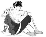  1boy barefoot greek_clothes green_eyes hades_(game) ing0123 laurel_crown male_focus monochrome single_bare_shoulder sitting skill spot_color zagreus_(hades) 