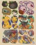  agumon anthro armor bandai_namco digimon digimon_(species) dinosaur eating egg evolutionary_family food green_eyes greymon group hatching horn koromon male meat metal metalgreymon orange_body reptile ry-spirit scalie waddling_head wargreymon yellow_body 