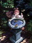  1girl animal_ears bangs bird bird_bath bird_wings bow brown_dress brown_eyes brown_headwear danlamdae dress earrings eurasian_tree_sparrow feathered_wings fingernails frilled_sleeves frills hat highres jewelry juliet_sleeves long_sleeves mob_cap mystia_lorelei pink_bow pink_hair plant puffy_sleeves sharp_fingernails short_hair single_earring solo sparrow touhou water white_wings winged_footwear winged_hat wings 