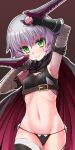  1girl armpits ass bandages bare_shoulders belt black_belt black_legwear black_panties cleavage_cutout clothing_cutout fate/apocrypha fate/grand_order fate_(series) green_eyes grey_hair halulu happy jack_the_ripper_(fate/apocrypha) looking_at_viewer panties scar short_hair simple_background smile solo thighhighs underwear 