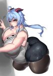  1girl ass bangs bare_shoulders big_belly blue_hair breasts cleavage collared_shirt curvy fat fat_rolls ganyu_(genshin_impact) genshin_impact gigantic_breasts goat_horns grey_shirt highres horns huge_ass impossible_clothes impossible_skirt long_hair looking_at_viewer mint2134 office_lady pantyhose partially_unbuttoned pencil_skirt plump purple_eyes shirt simple_background skirt sleeveless sleeveless_shirt solo thick_thighs thighs 
