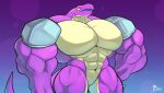  2022 abs absurd_res alien anthro armor biceps big_muscles big_pecs blue_background digital_drawing_(artwork) digital_media_(artwork) english_text featureless_(disambiguation) gradient_background hi_res lemurian male muscular muscular_anthro muscular_male no_pupils pecs purple_background purple_body purple_skin risk_of_rain risk_of_rain_2 scalie shoulder_pads signature simple_background solo text unusualboo54 video_games yellow_body yellow_skin 