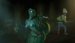  2022 anthro argonian armor bag belly bethesda_softworks bottomless bottomwear breasts clothed clothing dagger dark_elf digital_media_(artwork) elf female forest genitals green_body green_scales hi_res horn huge_hips humanoid jewelry looking_at_another male melee_weapon metal_bikini navel necklace non-mammal_breasts one_eye_closed partially_clothed penis plant reptile scales scalie shorts skimpy_armor the_elder_scrolls thick_thighs thingshappen tree video_games weapon wide_hips wink 