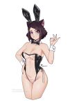  1girl absurdres animal_ears areolae ascari_megane_(aurahack) aurahack avatar_(ff14) bandaid bandaid_on_face bandaid_on_nose bare_shoulders black_bow black_bowtie bow bowtie breasts brown_hair cleavage cleft_of_venus collarbone cropped_legs detached_collar english_commentary fake_animal_ears final_fantasy final_fantasy_xiv forehead hand_on_hip heterochromia highres leotard looking_at_viewer medium_breasts meme_attire miqo&#039;te mole mole_on_arm mole_on_breast mole_on_stomach mole_under_eye multiple_moles nontraditional_playboy_bunny ok_sign pasties purple_eyes rabbit_ears red_eyes revealing_clothes see-through short_hair side-tie_leotard simple_background solo strapless white_background wrist_cuffs 