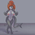  1:1 2022 anthro areola big_breasts blue_eyes breasts brown_hair curvy_figure female fish grey_body hair hourglass_figure huntress_(nutty_butty) jesterhoro marine nipples shark solo solo_focus 