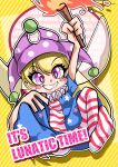  1girl american_flag_dress american_flag_legwear arm_up blonde_hair blush_stickers chibi clownpiece commentary_request diagonal_stripes english_text eyebrows_visible_through_hair fairy_wings fire full_body hair_between_eyes hand_on_own_knee hat highres holding holding_torch jester_cap long_hair looking_at_viewer maboroshi_mochi neck_ruff no_shoes purple_eyes purple_headwear solo striped striped_background teeth torch touhou very_long_hair wings yellow_background 