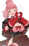  1girl ;d bangs boots breasts cleavage commentary_request cross-laced_footwear feet_out_of_frame fire_emblem fire_emblem:_three_houses fire_emblem_warriors:_three_hopes gloves gonzarez heart heart_hands highres hilda_valentine_goneril lace-up_boots large_breasts long_hair looking_at_viewer official_alternate_costume one_eye_closed open_mouth pink_eyes pink_hair ponytail red_gloves simple_background smile solo white_background 