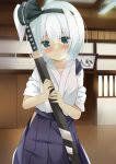  1girl 9150namihana absurdres blue_eyes bob_cut breasts grey_hakama grey_skirt hakama hakama_skirt highres indoors japanese_clothes katana kimono konpaku_youmu sheath sheathed short_hair silver_hair skirt small_breasts solo sword touhou weapon white_kimono 