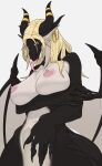  absurd_res accessory animal_humanoid anthro big_breasts black_body black_scales black_sclera blonde_hair breasts dragon dragon_humanoid female furgonomics hair hi_res horn horn_accessory humanoid long_tongue looking_at_viewer miraaj_(crabble) nude quququl scales solo tongue white_body white_skin wings yellow_eyes 