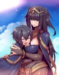  2girls :d black_hair blue_sky blush bodystocking bodysuit bracelet breasts bridal_gauntlets cape circlet cleavage closed_eyes cloud collar commission cosplay covered_navel day eyebrows_visible_through_hair fire_emblem fire_emblem_awakening highres hime_cut hug jewelry large_breasts light_rays long_hair looking_at_viewer morgan_(fire_emblem) morgan_(fire_emblem)_(female) multiple_girls navel open_mouth outdoors purple_eyes short_hair skeb_commission skin_tight sky smile sun sunlight tharja_(fire_emblem) tharja_(fire_emblem)_(cosplay) tiara tukiwani 