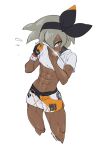  1girl abs bea_(pokemon) black_bow bob_cut bow bow_hairband cel_shading clothes_pull cowboy_shot crosshatching dark-skinned_female dark_skin from_above gloves grey_eyes hairband hatching_(texture) looking_at_viewer muscular muscular_female patterned_clothing pokemon pokemon_(game) pokemon_swsh sanchezisfine shirt shirt_pull short_eyebrows short_hair short_shorts shorts silver_hair solo sweat sweatdrop t-shirt underpants undershirt white_background white_shirt white_shorts wristband 
