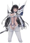  1girl bakuzan black_hair black_sclera blue_eyes breasts cleavage colored_sclera face frown highres holding holding_sword holding_weapon impossible_clothes junketsu kamui_(kill_la_kill) katana kill_la_kill kiryuuin_satsuki large_breasts long_hair max-k orange_eyes red_eyes revealing_clothes serious sidelocks sword thick_eyebrows weapon white_background 