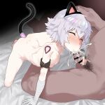  1boy 1girl :&gt;= anal_tail animal_ears arm_belt ass bandaged_arm bandages black_gloves blush cat_ears cat_tail censored collagen fake_tail fate/apocrypha fate/grand_order fate_(series) fellatio flat_chest gloves green_eyes happy_sex hetero jack_the_ripper_(fate/apocrypha) nipples nude oral penis scar scar_across_eye scar_on_cheek scar_on_face shoulder_tattoo single_glove sweat tail tattoo white_hair 