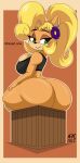  2022 absurd_res accessory activision anthro artist_name bandicoot big_breasts big_butt black_nose blonde_hair bottomless bottomless_anthro bottomless_female breasts butt cleavage clothed clothing coco_bandicoot crash_bandicoot_(series) crate crop_top curvy_figure dialogue digital_media_(artwork) ear_piercing ear_ring english_text eyebrows eyelashes female flower flower_in_hair fur green_eyes hair hair_accessory hi_res hourglass_figure huge_breasts huge_butt lips long_hair looking_back mammal marsupial multicolored_body multicolored_fur nr_ac orange_body orange_fur piercing plant ponytail shirt signature simple_background sitting smile solo tan_body tan_fur tank_top teeth text thick_thighs topwear two_tone_body two_tone_fur video_games voluptuous wide_hips 