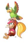  2021 3_toes ambiguous_gender anthro avian barefoot beak bird blonde_hair bottomless brown_body brown_fur carrying clothed clothing dixie_kong donkey_kong_(series) duo feathered_wings feathers feet female fingers fur green_eyes hair haplorhine hat headgear headwear hi_res long_hair mammal monkey mu_963 nintendo open_mouth primate shirt simple_background squawk toes tongue topwear video_games white_background wings 