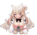 +_+ 1girl :o agnamore all_fours animal_ears animal_hands bangs black_bow black_bowtie blunt_bangs blush bow bowtie breasts cat_ears cleavage covered_nipples eyebrows_visible_through_hair from_above gloves hair_bun hair_ornament hairclip indie_virtual_youtuber kemonomimi_mode large_breasts light_brown_hair long_hair looking_at_viewer open_mouth original paw_gloves pink_eyes shiny shiny_skin shirt solo tareme thigh_strap thighhighs thighs very_long_hair virtual_youtuber white_legwear white_shirt yacocomilk 