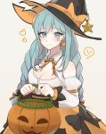  &gt;_&lt; 1girl black_survival blue_eyes blue_hair braid breasts cleavage dd1no earrings emma_hardy eternal_return:_black_survival hat highres jack-o&#039;-lantern jewelry looking_at_viewer medium_breasts official_alternate_costume smile solo tagme twintails witch_hat 
