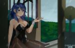  1girl animal_ears artist_name bare_shoulders black_leotard blue_eyes blue_hair blue_nails blurry blurry_foreground breasts brown_legwear byleth_(fire_emblem) byleth_(fire_emblem)_(female) chocojax cleavage cloud cloudy_sky collarbone covered_navel dappled_sunlight detached_collar eyebrows_visible_through_hair fake_animal_ears fire_emblem fire_emblem:_three_houses fire_emblem_heroes highleg highleg_leotard highres large_breasts leotard medium_hair pantyhose patreon_logo playboy_bunny rabbit_ears sideboob sitting sky solo strapless strapless_leotard sunlight wet wet_hair wrist_cuffs 