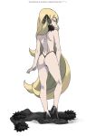  1girl ale_(ale_halexxx) ass bikini bikini_bottom_only black_coat blonde_hair clothes_removed coat cynthia_(pokemon) from_behind full_body fur-trimmed_coat fur_collar fur_trim hair_over_one_eye long_sleeves pokemon pokemon_(game) pokemon_dppt simple_background smile solo swimsuit topless white_background 