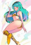  1girl absurdres aqua_hair ass bangs bare_arms bare_shoulders bikini blush boots breasts commentary_request eyebrows_visible_through_hair full_body green_hair hands_up heart highres horns itou_kazuki knee_boots long_hair looking_at_viewer lum oni oni_horns pointy_ears print_bikini shiny shiny_hair shiny_skin simple_background solo star_(symbol) swimsuit thighs tiger_stripes urusei_yatsura 