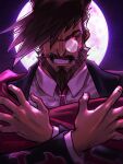  1boy angry artist_name beard brown_hair close-up coat collared_shirt crossed_arms facial_hair fang frown glowing glowing_eyes guilty_gear guilty_gear_xrd highres long_sleeves looking_at_viewer maddestmao male_focus manly mature_male monocle moon mustache necktie night night_sky one_eye_covered red_eyes shirt sky slayer_(guilty_gear) solo spiked_hair teeth thick_eyebrows 