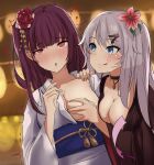  2girls 9a-91_(girls&#039;_frontline) :o alternate_costume bangs blue_eyes blush breast_grab breast_hold breasts brown_kimono cleavage closed_mouth collarbone eyebrows_visible_through_hair flower girls&#039;_frontline grabbing hair_flower hair_ornament hairclip heart heart_print japanese_clothes kimono licking_lips long_hair looking_at_another looking_at_viewer medium_breasts multiple_girls multiple_views nail_polish open_mouth purple_hair red_eyes side_ponytail silver_hair simple_background smile sugar_desu tongue tongue_out upper_body wa2000_(girls&#039;_frontline) white_kimono yuri 