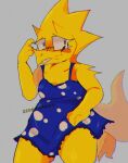  3_horns alphys alternate_species anthro barefoot belly blue_eyes blush breasts buckteeth ceratopsian chubby_anthro chubby_female claws clothed clothing dinosaur dress eyewear feet female front_view fully_clothed glasses hi_res horn kneeling multi_horn non-mammal_breasts ornithischian polka_dots reptile scales scalie simple_background slightly_chubby smile solo teeth thick_tail thick_thighs triceratops undertale_(series) yellow_body yellow_scales zzcarnotauro 