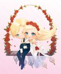  1boy 1girl bare_shoulders barefoot black_necktie black_suit blonde_hair blue_eyes cape couple detached_sleeves dress earrings eye_contact feathers flower formal gloves hair_flower hair_ornament hand_on_another&#039;s_chest hand_on_another&#039;s_leg heart highres janna_(league_of_legends) jewelry league_of_legends leg_garter long_hair looking_at_another necklace necktie necktie_grab neckwear_grab parted_lips petals pointy_ears red_flower red_rose ring rose rose_petals short_hair sitting sitting_on_lap sitting_on_person smile strapless strapless_dress suit talon_(league_of_legends) tora_han wedding_dress white_background white_cape white_dress white_gloves 