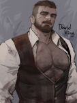  1boy abs bandaid bandaid_on_face bandaid_on_nose bara bare_pectorals beard black_eyes brown_hair buzz_cut chest_hair collared_shirt david_king_(dead_by_daylight) dead_by_daylight facial_hair hairy highres jacket jang_ju_hyeon large_pectorals long_sleeves looking_at_viewer male_focus manly mature_male muscular muscular_male nipples pectorals scar scar_on_face shirt short_hair sleeveless smile solo thick_arms thick_eyebrows tight unbuttoned very_short_hair 