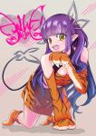  1girl alternate_costume animal_hands animal_print bangs blunt_bangs breasts commentary_request crop_top demon_girl demon_horns demon_tail elbow_gloves full_body gloves highres horns it_lacks_e kojo_anna long_hair looking_at_viewer medium_breasts multicolored_hair open_mouth orange_legwear paw_gloves pointy_ears print_gloves print_shirt print_skirt purple_hair shirt skirt sleeveless sleeveless_shirt smile solo sugar_lyric tail tiger_print two-tone_hair virtual_youtuber yellow_eyes 