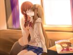  2girls blush book braid breasts brown_hair closed_eyes couple curtains glasses kiss kitajima_kaede kitajima_sara large_breasts long_hair multiple_girls oeshura official_alternate_costume pink_hair sono_hanabira_ni_kuchizuke_wo sunlight thighs window yuri 