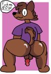  absurd_res alpha_channel anthro balls bottomless brown_body brown_fur brown_hair butt canid canine canis clothed clothing digital_media_(artwork) domestic_dog fur genitals german_shepherd hair herding_dog hi_res humanoid_genitalia looking_at_viewer male mammal pastoral_dog penis pixel_(artwork) purple_clothing purple_shirt purple_topwear shirt solo t-shirt topwear 