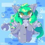  4_fingers absurd_res anthro big_ears blush breasts bubble claws female fingers fish gills green_hair hair hi_res marine mukomizu navel shark short_stack solo water 