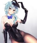 1girl animal_ears arm_support artist_name bangs bare_shoulders black_choker black_legwear blue_bow blue_hair blush bow breasts brown_legwear choker cleavage collar commentary elbow_gloves eula_(genshin_impact) eyebrows_visible_through_hair fake_animal_ears fishnet_legwear fishnets genshin_impact gloves hair_between_eyes hand_up highres large_breasts leotard long_hair looking_at_viewer pantyhose playboy_bunny purple_eyes rabbit_ears revision smile solo strapless strapless_leotard thighs vitaminechan white_collar 