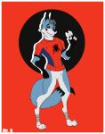  anthro blue_body bottomless canid canine clothed clothing digitigrade featureless_crotch fox fur hi_res male mammal marvel mr.brapion multicolored_body multicolored_fur shirt simple_background solo spider-man_(series) t-shirt t-shirt_only topwear two_tone_body two_tone_fur 
