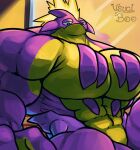  2021 absurd_res anthro biceps big_muscles big_pecs colored digital_drawing_(artwork) digital_media_(artwork) english_text half_eyes_closed head_crest hi_res lizard looking_down male muscular muscular_anthro muscular_male nintendo orange_background pecs pok&eacute;mon pok&eacute;mon_(species) purple_body purple_skin reptile scalie scalue shaded signature simple_background solo spike_(disambiguation) text toxtricity unusualboo54 video_games yellow_body yellow_skin 