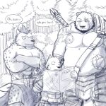  2016 anthro armor belly big_belly bottomwear canid canine canis clothing comic english_text group humanoid_hands hyaenid kemono loincloth male mammal map moobs mtflying30371 muscular muscular_male navel outside overweight overweight_male scar size_difference text ursid wolf 