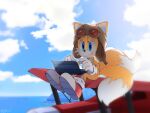  1boy aircraft airplane artist_name blue_sky cloud ears_through_headwear full_body furry furry_male gloves hat highres male_focus multiple_tails ocean re30103 shoes sitting sky solo sonic_(series) sweatdrop tail tails_(sonic) tongue tongue_out two_tails typing white_gloves 