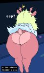  anthro antlers anus barely_visible_anus big_butt blonde_hair blue_background bottomless brown_body brown_fur butt butt_heart cervid clothed clothing deltarune dialogue digital_media_(artwork) dress female first_person_view freckles freckles_on_butt fur hair hi_res horn kris_(deltarune) mammal maus_(deltarune) noelle_holiday profanity road scared scut_tail short_tail simple_background solo thick_thighs undertale_(series) video_games wardrobe_malfunction zlut385 