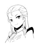  1girl closed_mouth forehead greyscale gundam langbazi long_hair mobile_suit_gundam monochrome rx-78-2 simple_background smile solo upper_body v-shaped_eyebrows white_background 