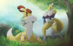  after_transformation anthro bandai_namco big_breasts breasts chest_tuft clothing digimon digimon_(species) duo female flat_chested genitals gloves gloves_only grass handwear handwear_only hi_res mostly_nude nude outside plant plantigrade pussy removing_shirt renamon rika_nonaka rikamon tree tuft unknown_artist 