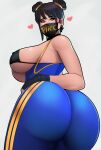  1girl absurdres ass bare_shoulders black_eyes black_hair bodysuit bra breasts chun-li double_bun from_behind from_below highres huge_ass large_breasts looking_at_viewer mask postblue98 shiny shiny_clothes shiny_hair shiny_skin sideboob skin_tight solo street_fighter street_fighter_zero_(series) underwear 