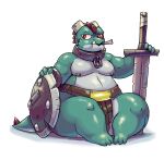  2019 anthro bone broken_horn clothed clothing collar green_body green_scales hi_res horn kobold male melee_weapon object_in_mouth overweight overweight_anthro overweight_male red_eyes scales scalie shield simple_background sitting solo sword thud_(vdisco) topless vdisco weapon white_background 