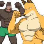  1:1 abs anthro ape ayumu_gouriki_(odd_taxi) butu_z canid canine clothing duo flexing fox frown fuyuki_yamamoto_(odd_taxi) gorilla haplorhine male mammal nipples odd_taxi pecs primate simple_background smile underwear 