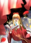  1girl absurdres bangs biretta blonde_hair blue_eyes book cardinal_armand casting_spell electricity highres jewelry last_origin looking_at_viewer magic open_mouth rhlatm ring solo spell 