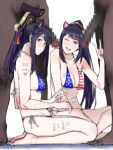  2girls ;d american_flag_bikini animal_ears bangs barefoot bikini body_writing breast_tattoo breasts cat_ears censored cleavage dark-skinned_male dark_skin flag_print heart heart_tattoo hetero highres hikone_(oshiro_project) indian_style interracial japanese_flag kejirami konki_(oshiro_project) large_penis leg_tattoo long_hair looking_at_viewer made_in_japan medium_breasts mosaic_censoring multiple_girls one_eye_closed oshiro_project_re penis ponytail queen_of_spades_symbol seiza sidelocks sitting smile spade_tattoo swimsuit tattoo v 