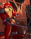  4:5 anthro armor balls barazoku bathroom breasts chain claws digital_media_(artwork) dragon genitals hi_res horn katana kemono looking_at_viewer male melee_weapon muscular muscular_anthro muscular_male nipples nude penis samurai_armor scalie solo sword vitaly_(artist) warrior weapon wings 